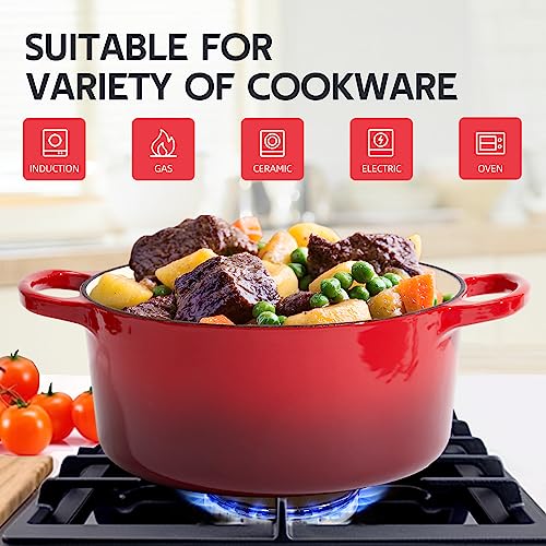 Image of 6 Quart Dutch Oven Enameled Cast Iron with Lid - Big Dual Handles - Oven Safe up to 500F - Classic Round Pot for Versatile Cooking (Red, 6 QT)