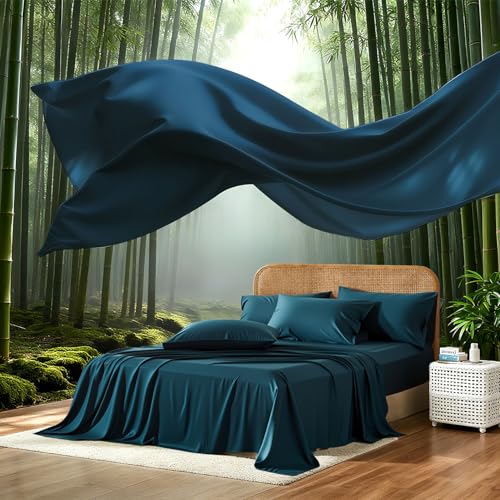 Image of 100% Viscose Derived from Bamboo Sheets Queen Size, Soft & Cooling Viscose from Bamboo Sheets Set, Organically Grown,Breathable & Soft Deep Pocket Up to 18 Inches(Navy Blue)