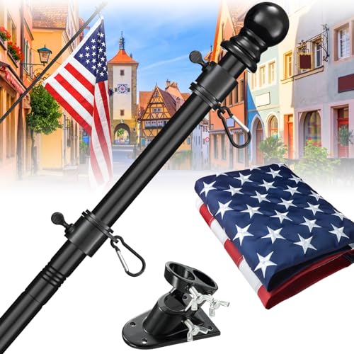Barcetine Flag Pole Kit with 3x5 US Flag - Includes 5ft Heavy Duty Tangle Free Flagpole Weather Resistant 3x5 Embroidered American Flag Aluminum Holder Bracket for Outside House Porch Outdoor