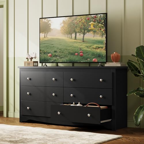 WLIVE Black Dresser with 6 Drawer, 59" Wide Chest of Drawers for Bedroom, Wood Long Nightstand with Drawers, Modern Large Storage Tower Unit, Closet Store Organizer for Living Room