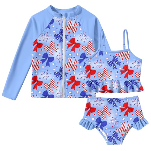 Image of Funnycokid Girls Swimsuit Kids Bathing Suit Rashguard Swimwear Long Sleeve 3 Piece Toddler 3-7 Years