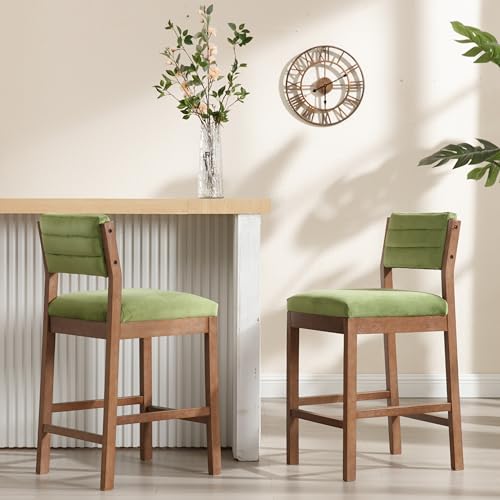 Image of RIVOVA 26 inch Bar Stools Set of 2 Counter Height Bar Stools for Kitchen Counter, Modern Upholstered Barstools with Back and Wood Legs Velvet Stools Farmhouse Island Chairs, Green