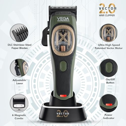 Image of VEGA PROFESSIONAL Vector 2.0 Cordless Hair Clipper with Smart Torque Control Technology| DLC Stainless Steel Faper Blades| 150 Min Runtime| Trimmer /Clipper for Hair Cutting| 6 Magnetic Combs (VPPHC-12)