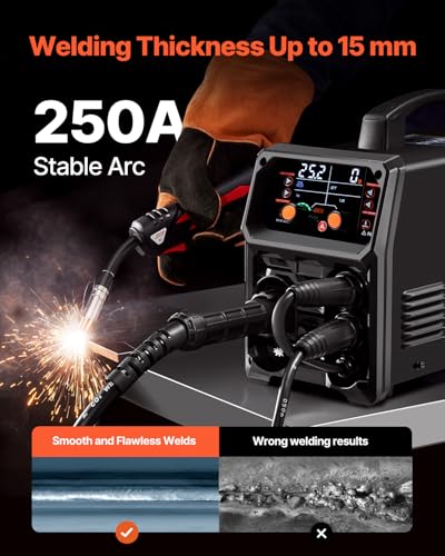 VEVOR Pro MIG Welder, 250A Pluse Mig Welding Machine, 5-in-1 Synergic Welder Machine MIG Pluse/Gas MIG/Flux Core MIG/Stick/Lift TIG, 110V/220V Dual Voltage Aluminum Mig Welder with LCD Screen Display - Image 3