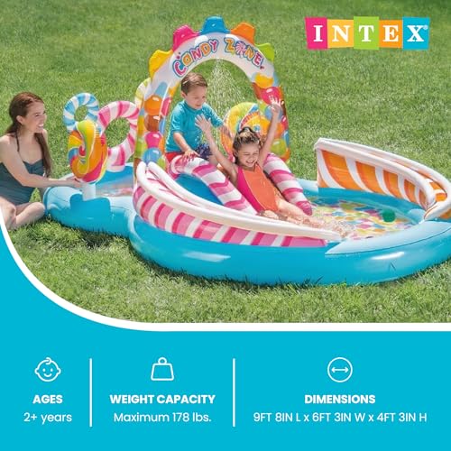 Image of INTEX Candy Zone Inflatable Kiddie Pool: Inflatable Kids Pool with Water Sprayer and Slide - Splash Pad - 116 inch x 75 inch x 51 inch - Ages 3+