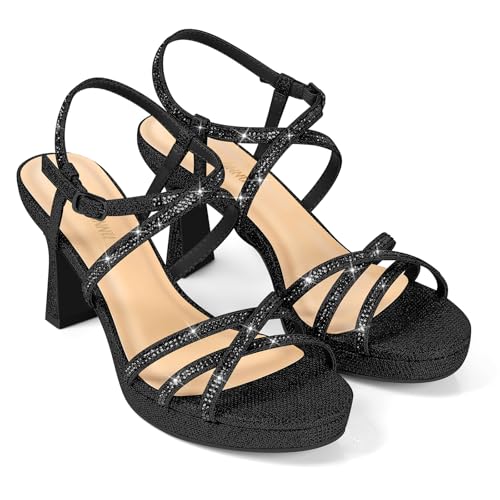 PIZZ ANNU Women's Stellora Platform High Heels Block Chunky Strappy Sparkly Rhinestone Open Toe Ankle Strap Dress Pump Sandals Shoes for Party Wedding2
