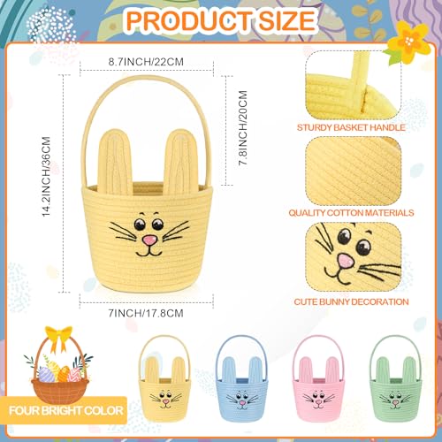 Image of Teenyyou Woven Easter Baskets Woven Bunny Baskets with Handles Eggs Hunt Bucket Rabbit Cotton Rope Basket Baby's First Easter Basket Gift for Toddler Boys Girls(Macaron Yellow)