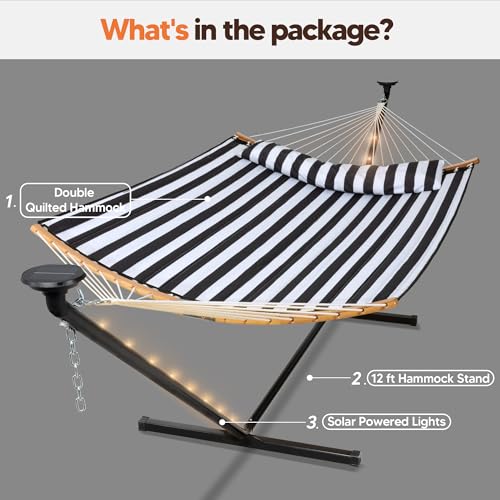 Image of SUNCREAT Double Outdoor Hammock with 12 ft Stand, Black & White
