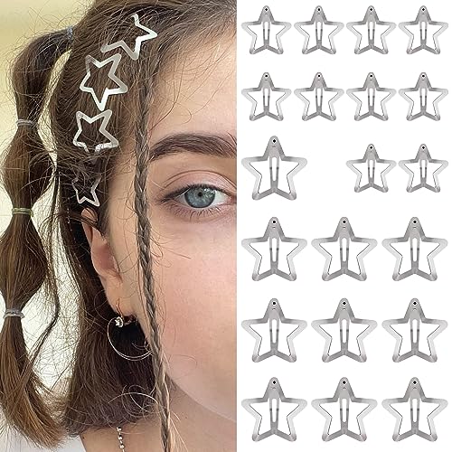 Star Hair Clips 2000s Y2K Snap Hair Barrettes Non Slip Star Hair Accessories Silver Metal Hair Clips for Girls Women -20 PCS 1.18
