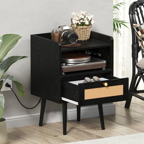 Image of MECHYIN Night Stand Set 2, Nightstands Set of 2 with Charging Station, Rattan Side Tables with Solid Wood Legs, Boho Bedside End Table for Apartment Bedroom Dorm Small Space