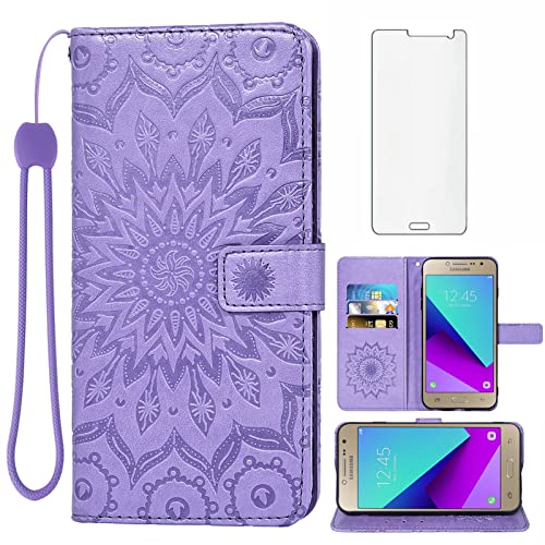 Phone Case for Samsung Galaxy Grand Prime J2 Prime Wallet Cases with Tempered Glass Screen Protector and Leather Flip Cover Card Holder Stand Cell Accessories Glaxay GrandPrime J2Prime Women Purple