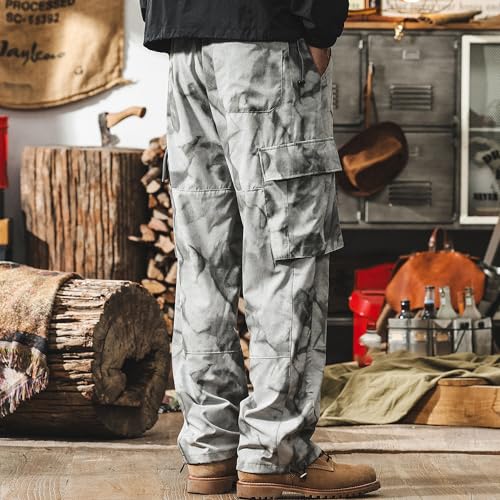 XYXIONGMAO Men's Grey Cargo Pants Cloud Wash Tie-Dye Hip Hop Streetwear Techwear Utility Loose Multi-Pockets Overalls for Men4