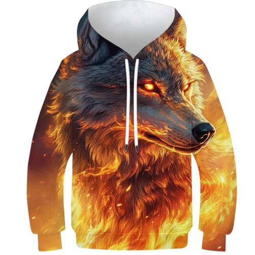 Sweat à capuche 3D loup flamboyant pour enfant de 11 à 13 ans