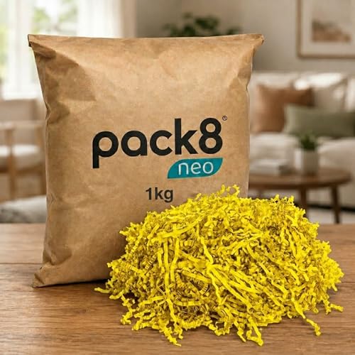 Image of Pack8neo Shredded Paper Grass Cutting For Giftpacking Fill for Gift Baskets and Boxes (1000g)| Eco-friendly grass paper, Crinkle Cut, Gift Packaging Protection & Decoration Material, Yellow, 1kg