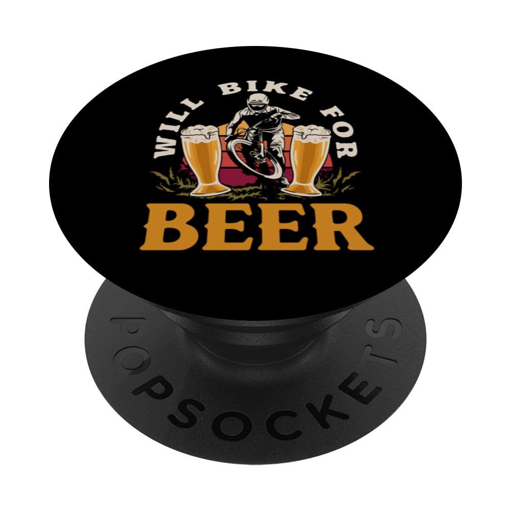 Will Bike For Beer Cycling Road Bike Funny Cyclist PopSockets Swappable PopGrip, Black
