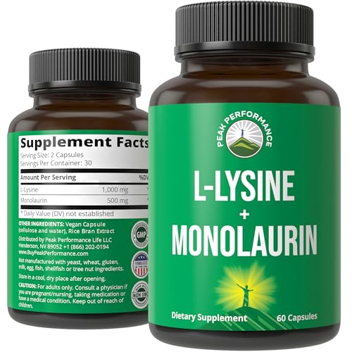 Peak Performance L Lysine 1000mg + Monolaurin 500mg High Potency Supplement for Lips Skin & Immune Support - L-Lysine 2-in-1 Bioavailable Supplements for Men and Women - 60 Capsules