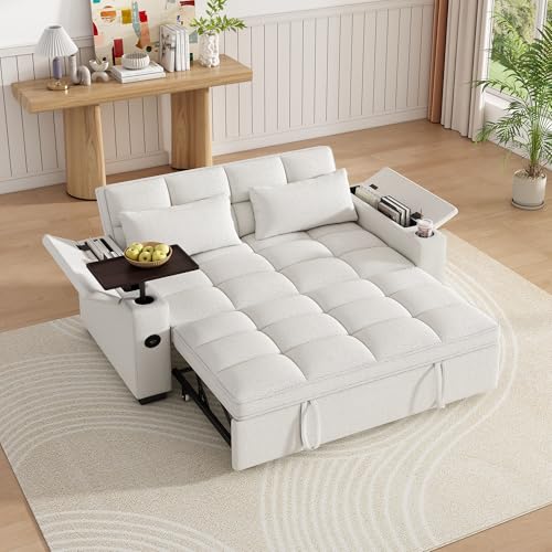 Image of Dreamzie 68.5'' 3 in 1 Convertible Sleeper Sofa Bed, Chenille Pull Out Couch for Living Room with 90 Swivel Side Table, Loveseat Sleeper with Charging Port | Side Pocket | Cup Holders, Beige