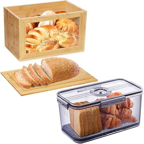 Gifhomfix Bamboo Bread Box with Cutting Board Lid and Time Recording Bread Storage Container, Bread Storage Container for Kitchen Countertop, Corner Bread Keeper for Homemade with Transparent Window Cover
