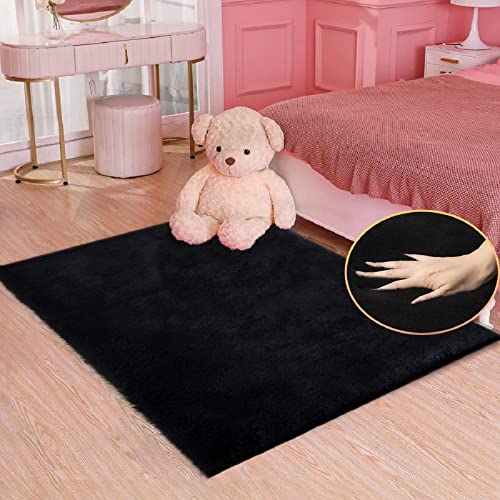 Fuzzy Rabbit Fur Rug Fluffy Rugs Washable Area Rugs for Living Room Black Furry Rug for Bedroom Rugs 3x5 Cute Room Girl Room Home Decor Rectangle