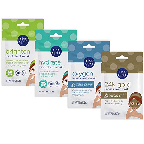 Miss Spa Best Sellers Facial Sheet Mask Set, Hydrating, Brightening, Oxygen-Bubbling, 24K Gold Glowing, Skin Care for Women