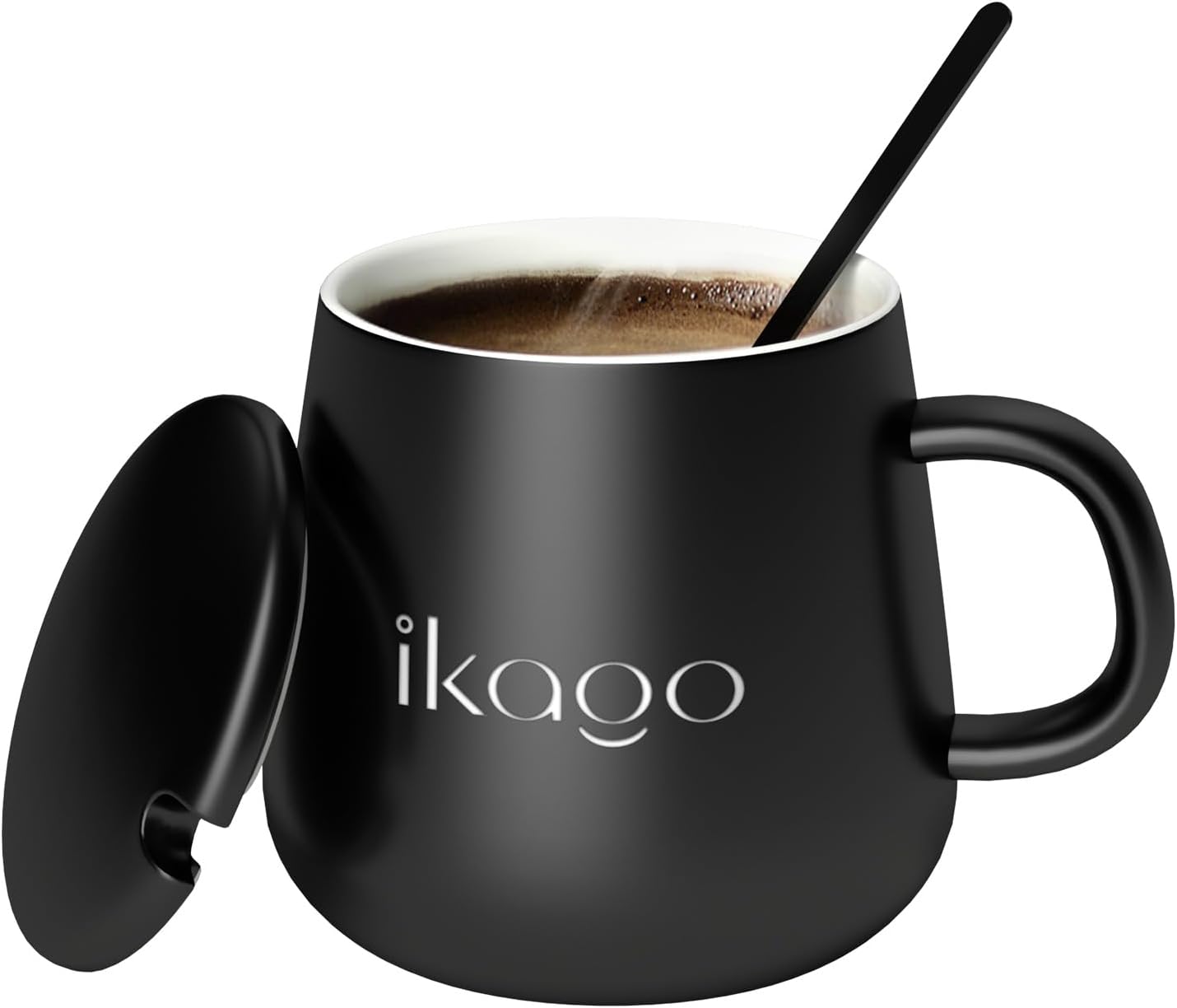 Ikago Ceramic Coffee Mug Set, 12oz Mugs with Lid and Spoon, Black Coffee Mug, Matching Mug lid, Novelty Laser Engraving Pattern, Best Gift for Coffee, Tea, Cocoa Lovers