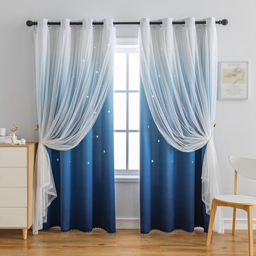 Image of Double Layer Dreamy Star Blackout Curtain 1 Panel W52 x L95,Dark Blue | Princess Style Window Drapes for Kids Room Elegant Decor for Daughter Bedroom Living Room Soft Fabric Design