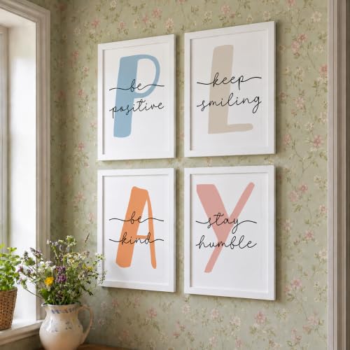 Image of PAINTINGMANTRA Art Print Framed Painting Play Be Positive Colorful Nursery for Kids Room Decoration, Home Decor Wall Hanging Decorative gifts (Set of 4, 9x13 Inch, A4)