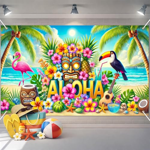 Image of BlissYard Aloha Banner 71 x 43 Inch Hawaiian Luau Backdrop Tiki Mask Flamingo Toucan Tropical Beach Summer Party Decorations Photo Booth Background Wall Decor