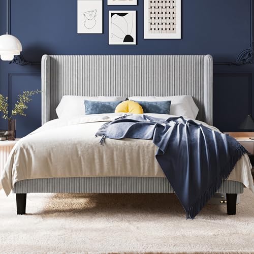 Image of Allewie Full Size Platform Bed with Corduroy Wingback Headboard, Light Grey