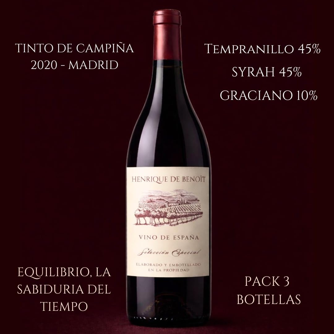 Henrique de Benoît® Vino Tinto Premium Reserva 2020 Pack 3 Botellas 750 ml | Tempranillo 45% Syrah 45%, Graciano 10% | 12 Meses Barrica + 5 Años Botella | Regalo Gourmet Vino Tinto Campiña - Madrid