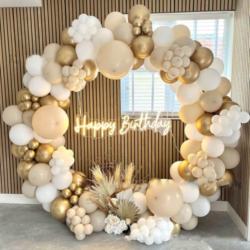 Image of Bliss & Bow Latex Balloon Arch Kit | Sand White, White and Gold Chrome Balloons with Arch Tape, Glue Dots and Happy Birthday Banner for Party Celebration Decor | Ideal Party Decor Set (90 Piece)