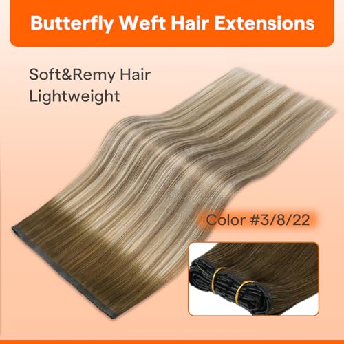 Image of Full Shine Butterfly Weft Hair Extensions 20 Inch 100G Brown Balayage | Ombre Brown To Medium Blonde mix ash brown Balayage, PU Hole Weft, Adds Volume, Date Night Styling, Natural Full Look