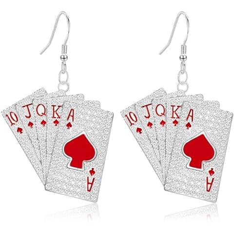 WUWEIJIAJIA Creative Playing Card Pattern Dangle Drop Earrings Personalized Sparkling Alloy Rhinestone Dangle Drop Earrings for Women (Red) Cover