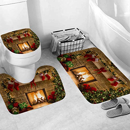 TOKYMOON 4 STÜCKE Weihnachten Duschvorhang Sets Schneemann Weihnachtsmann Duschvorhang Badematten Teppiche U-förmigen Podest Matte Toilettensitzbezug Polyester Duschvorhang mit Haken (Weihnachten 3) – Bild 4