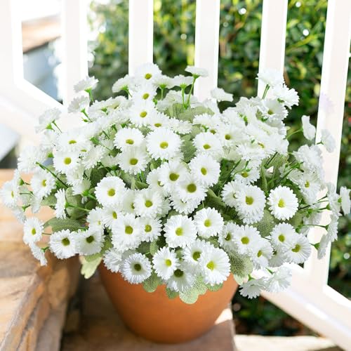 HyeFlora 6 Bundles Dahlia Artificial Flowers for Outdoors Decoration, White