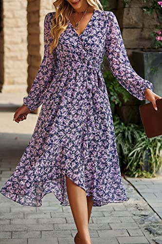 Image of PRETTYGARDEN Women's Floral Boho Dress Fall Long Sleeve Wrap V Neck Ruffle Flowy Maxi Spring Wedding Guest Vacation Dresses