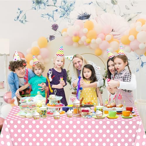 Image of WNINK 4 Pack Light Pink and White Polka Dot Tablecloths, Pink Disposable Plastic Table Cover for Birthday, Wedding, Bachelor, Pink Girl Party, and Picnic Camping Parties 54 inch x 108 inch
