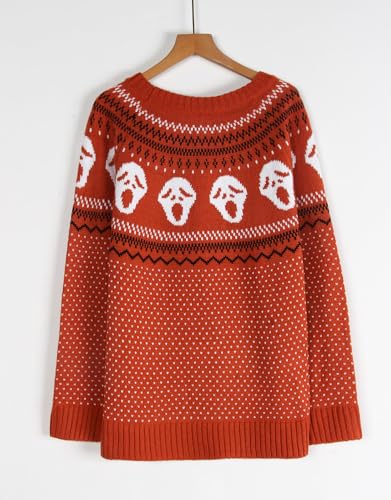 Image of Women's Fair Isle Sweaters Long Sleeve Crew Neck Loose Casual Halloween Pullover Sweater Deep Orange Small