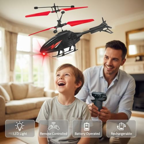 Image of KIDZYMON RC Flying Helicopter with Hand Gravity Sensor, Charging Battery, 3D Light, Safety Sensor, Gravity Sensor, Suitable for Kids Age 4+ Years (Style Gun Red)