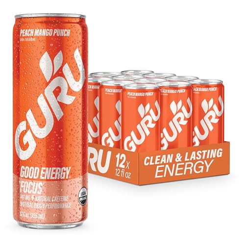 Image of GURU Organic Energy Drink, Peach Mango Punch, 12 Fl Oz, 12 Pack | 140 MG Natural Caffeine for Workouts, Performance & Midday Boost, With Real Fruit Juice, L-Theanine, Plant Based, Gluten Free