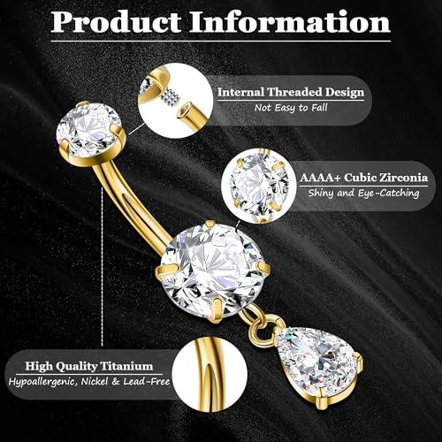 F136 Titanium Dangle Belly Button Ring for Women Dangling Navel Ring Hypoallergenic Teardrop Belly Rings Internally Threaded CZ Belly Piercing Jewelry 10MM4