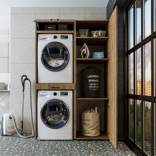 ROOMART, asciugatrice larga 50" su colonna per lavatrice con ripiani per lavatrice (3 ripiani, rovere)