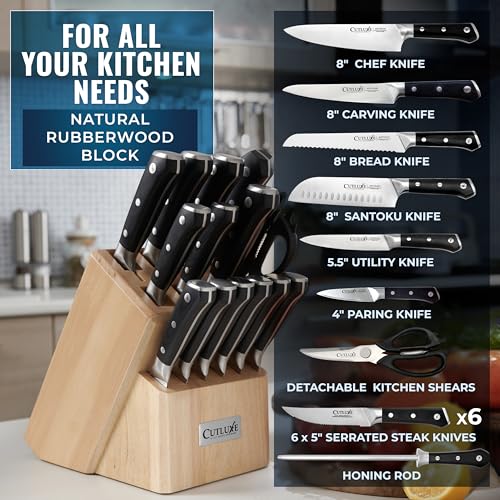 Image of Cutluxe 15-Piece Knife Set - Premium Rubberwood Wood Block - Knife Set for Kitchen, Ultra Sharp High Carbon German Stainless Steel, Full Tang - Artisan Series