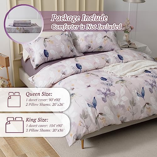 MILDLY 100% Long-Staple Cotton Duvet Cover Set Light Gray Pink Floral Leaf Pattern Printed Comforter Cover 3pcs, Ultra Soft & Breathable Bedding Set