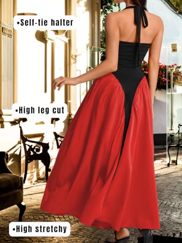 Image of ChiaoLezhee Deep V Neck Dress, Halter Maxi Dresses, Vacation Date Night, Sexy for Women Corset Flowy Wedding Guest Drop Waist