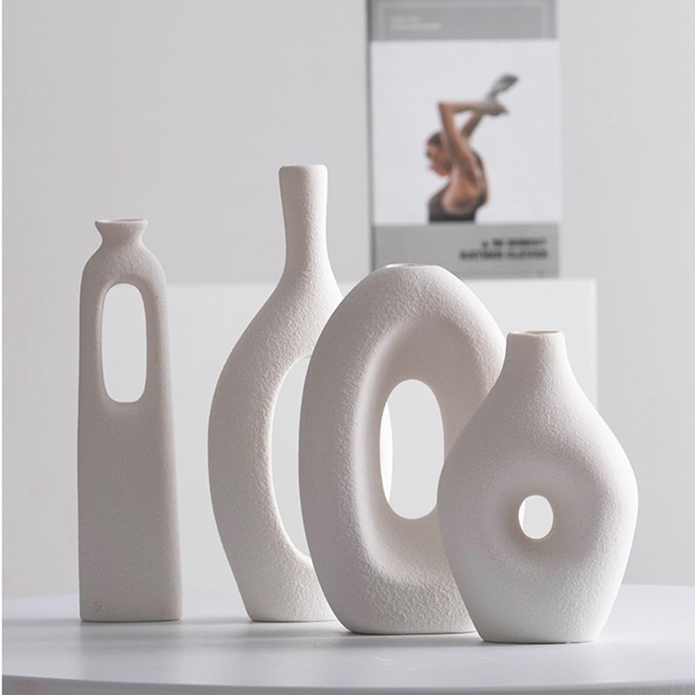 Kreative weiße Keramik Vase Set von 4 Stück, einfache Moderne Wohnkultur Vase für Wohnzimmer, Eingang, Esszimmer, Schlafzimmer