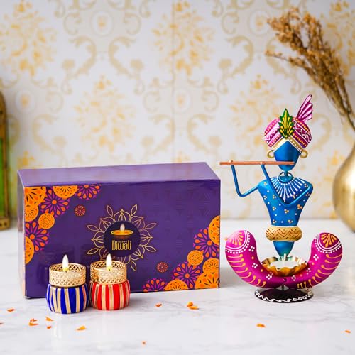 Image of Decorative Handcrafted Multicolor Metal Krishna & Ganesh Tea Light Holder for Home Decoration and Gift (Krishna Gift Box)