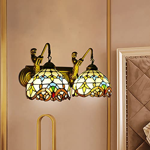 Image of Wall Sconce Vintage Style Stained Glass Bowl Wall Fixtures 2-Light Wall Light in Antique Brass with Mermaid for Bedroom Hallway Stairway Balcony
