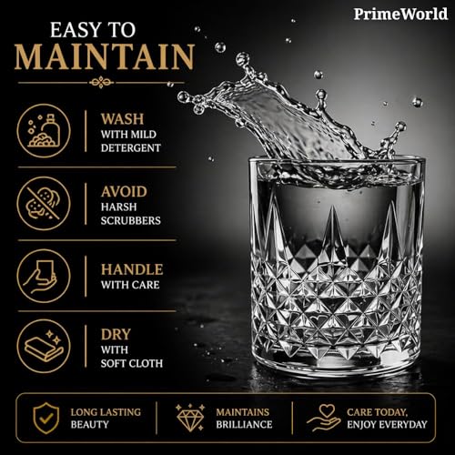 Image of PrimeWorld Diamond Rome Cut Crystal Whiskey Glasses Set of 6 pcs- 300 ml Bar Glass for Drinking Bourbon, Whisky, Scotch, Cocktails, Cognac- Old Fashioned Cocktail Tumblers