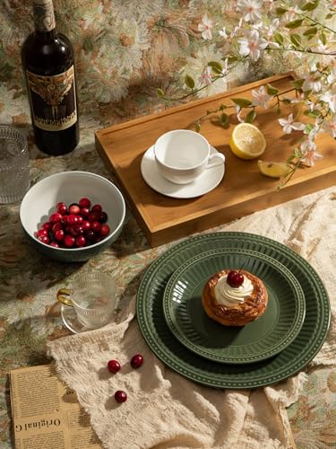 Image of Famiware Garden Plates and Bowls Sets, 18-Piece Dishes Set for 6, Scratch Resistant Kitchen Dishes Dinnerware Set - Microwave and Dishwasher Safe, Reactive Glaze and Embossed Stoneware, Dark Green